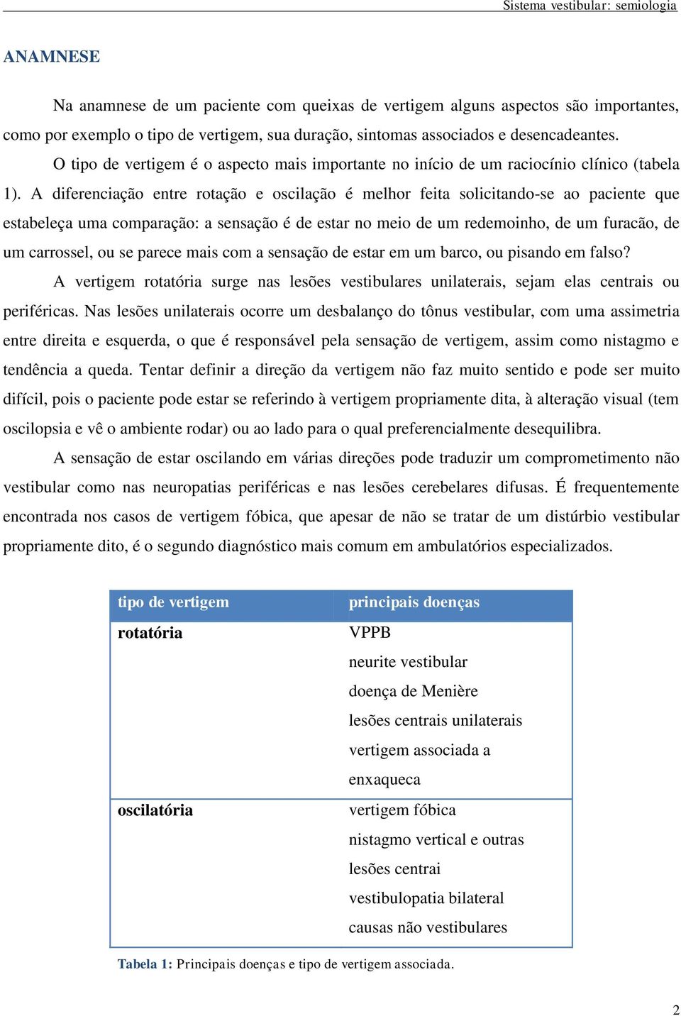 A diferenciação entre rotação e oscilação é melhor feita solicitando-se ao paciente que estabeleça uma comparação: a sensação é de estar no meio de um redemoinho, de um furacão, de um carrossel, ou