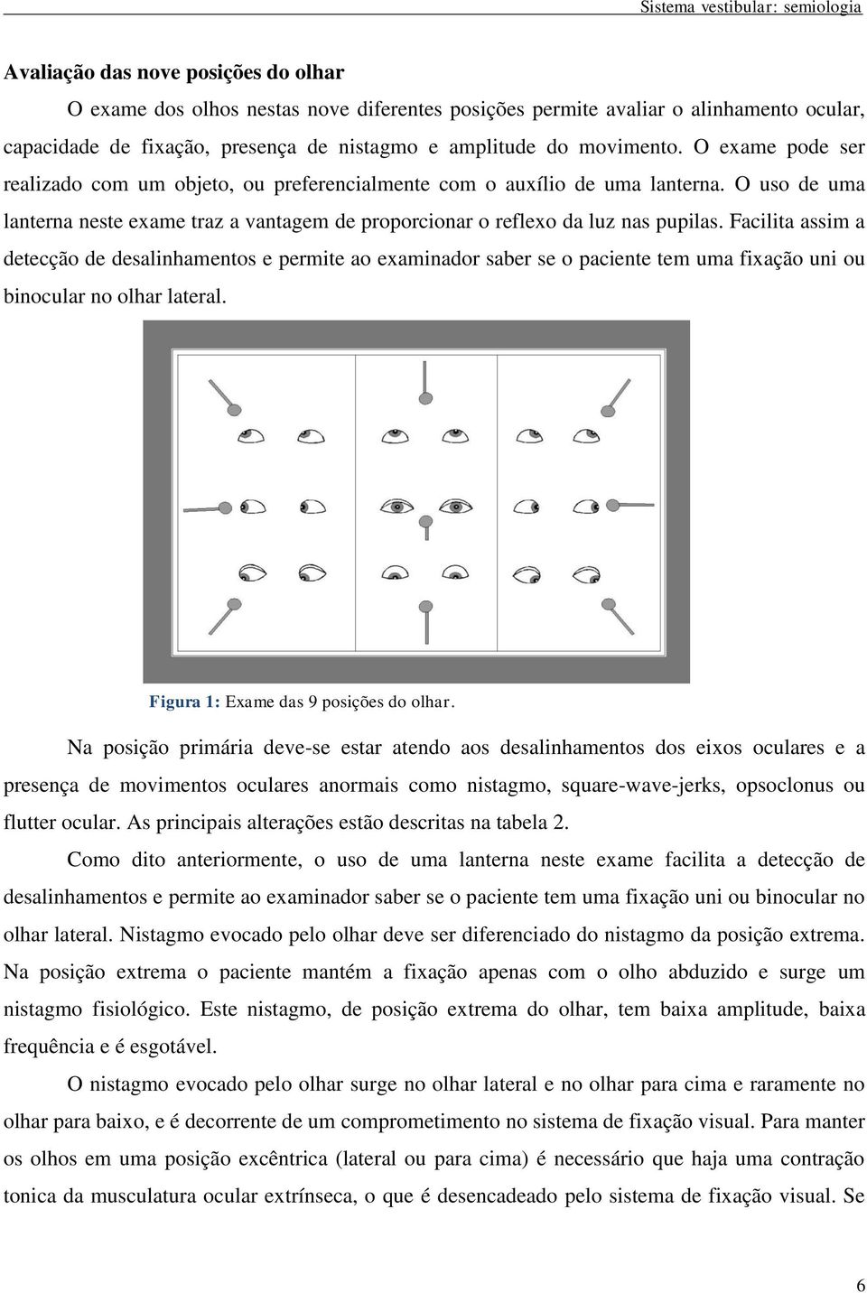 Facilita assim a detecção de desalinhamentos e permite ao examinador saber se o paciente tem uma fixação uni ou binocular no olhar lateral. Figura 1: Exame das 9 posições do olhar.