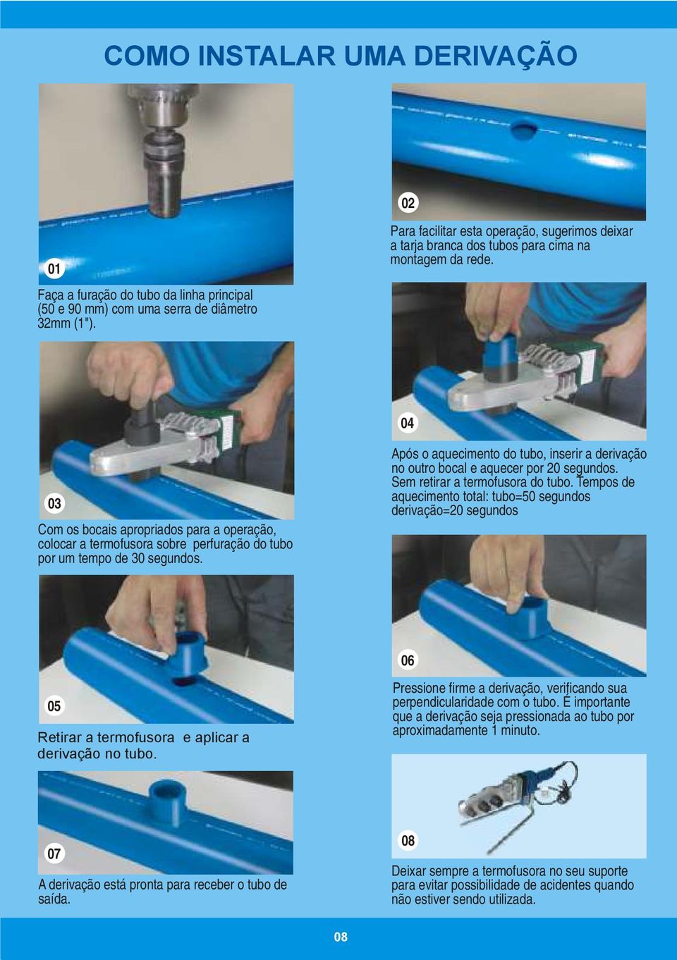 04 03 Com os bocais apropriados para a operação, colocar a termofusora sobre perfuração do tubo por um tempo de 30 segundos.
