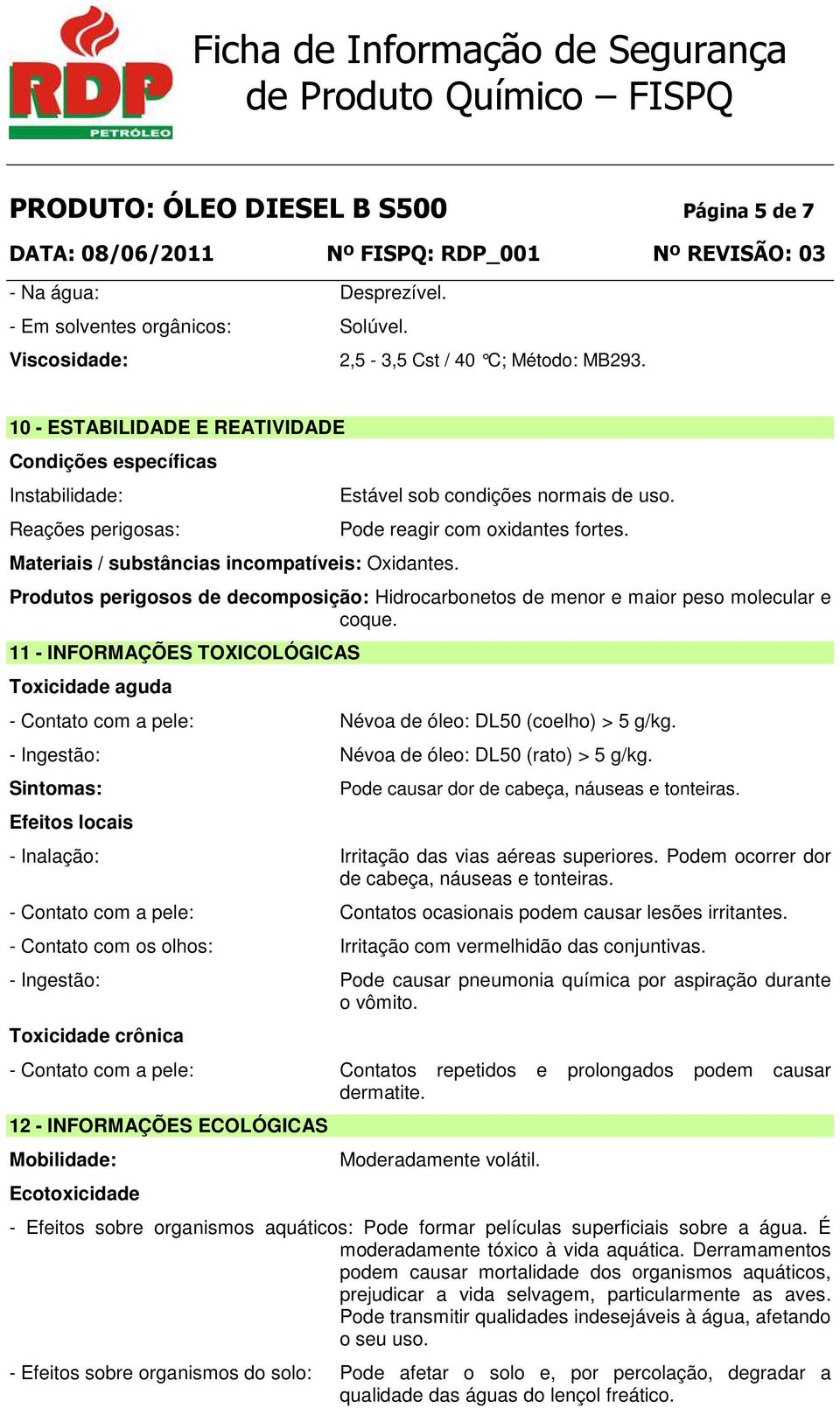 Pode reagir com oxidantes fortes. Produtos perigosos de decomposição: Hidrocarbonetos de menor e maior peso molecular e coque.