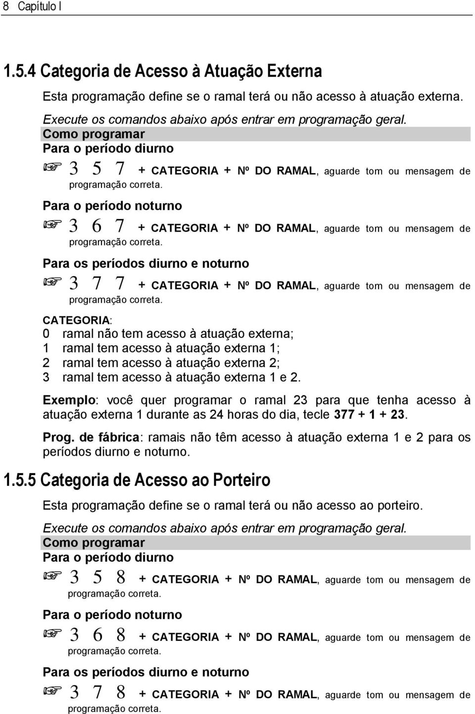 Para o período noturno 3 6 7 + CATEGORIA + Nº DO RAMAL, aguarde tom ou mensagem de programação correta.