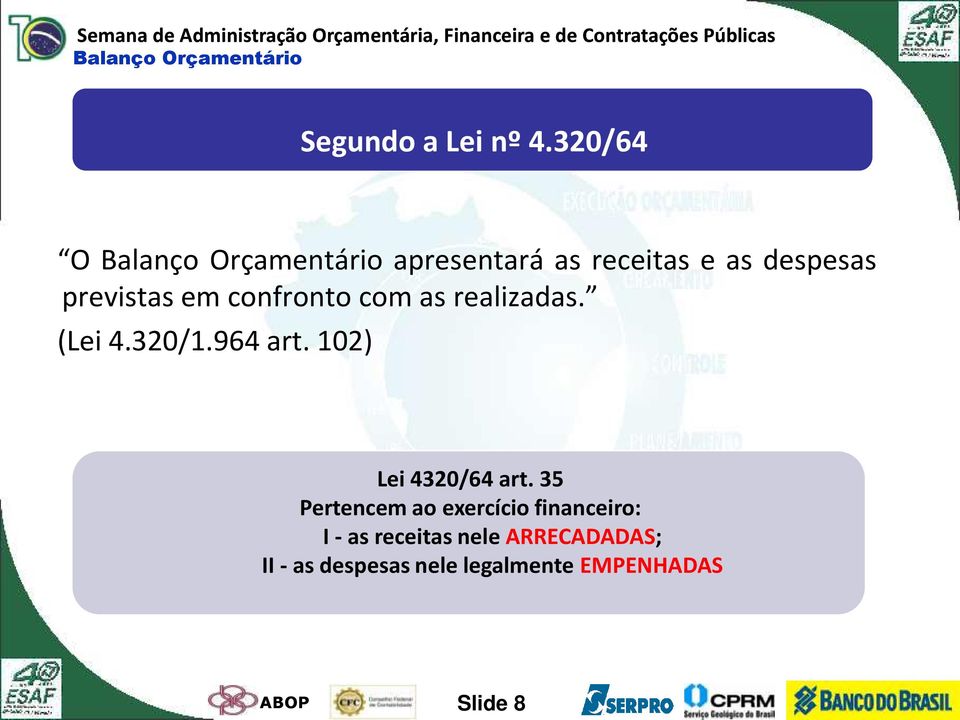 confronto com as realizadas. (Lei 4.320/1.964 art. 102) Lei 4320/64 art.