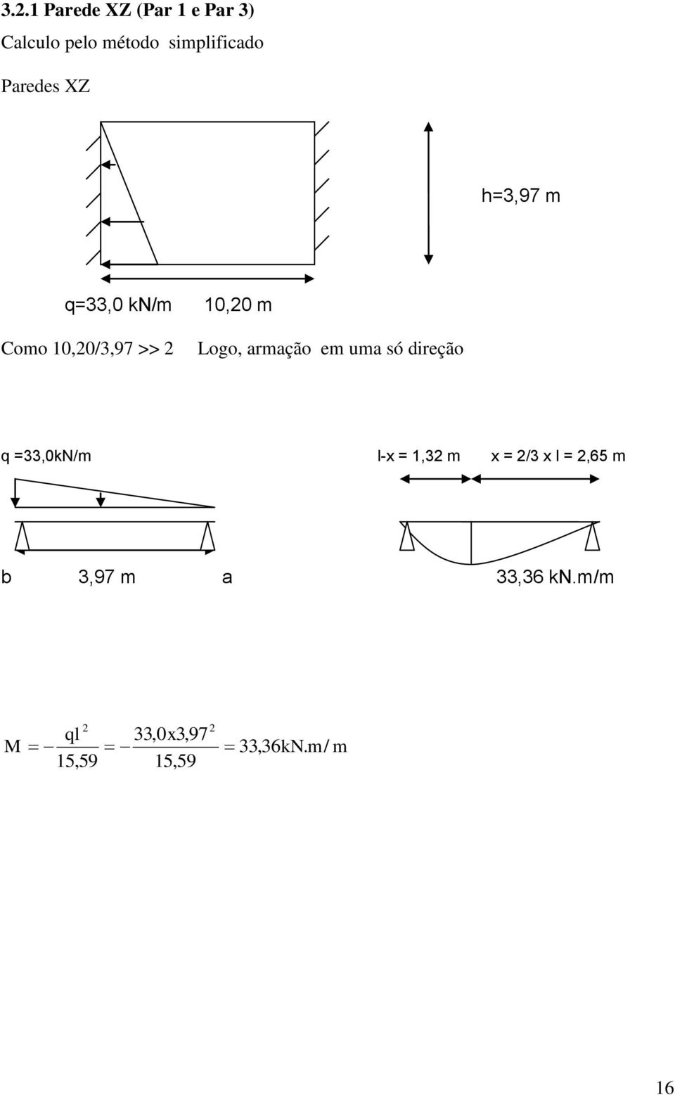 armação em uma só direção q =33,0kN/m l-x = 1,32 m x = 2/3 x l =