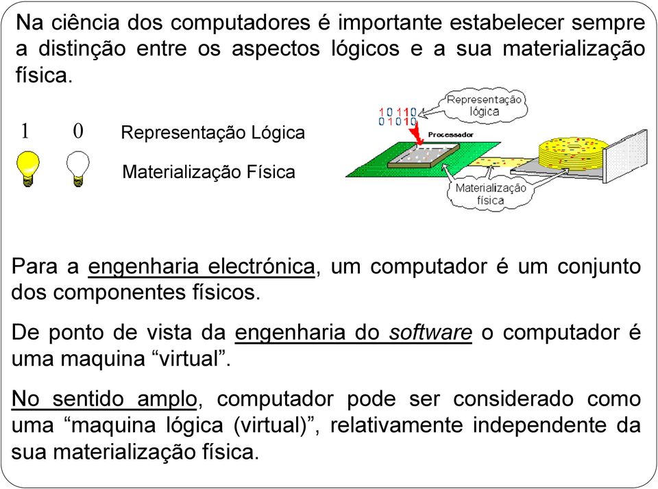 1 0 Representação Lógica Materialização Física Para a engenharia electrónica, um computador é um conjunto dos