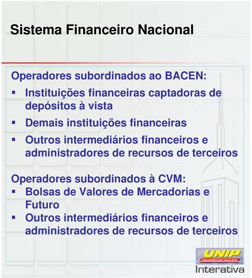 financeiros e administradores de recursos de terceiros Operadores subordinados à CVM: Bolsas