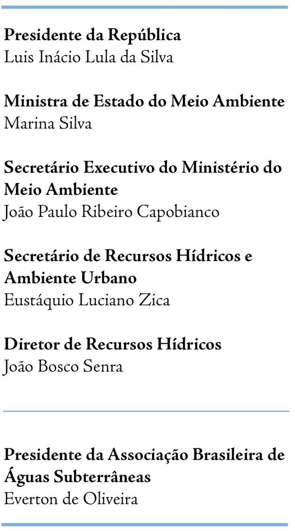 Secretário de Recursos Hídricos e Ambiente Urbano Eustáquio Luciano Zica Diretor de Recursos