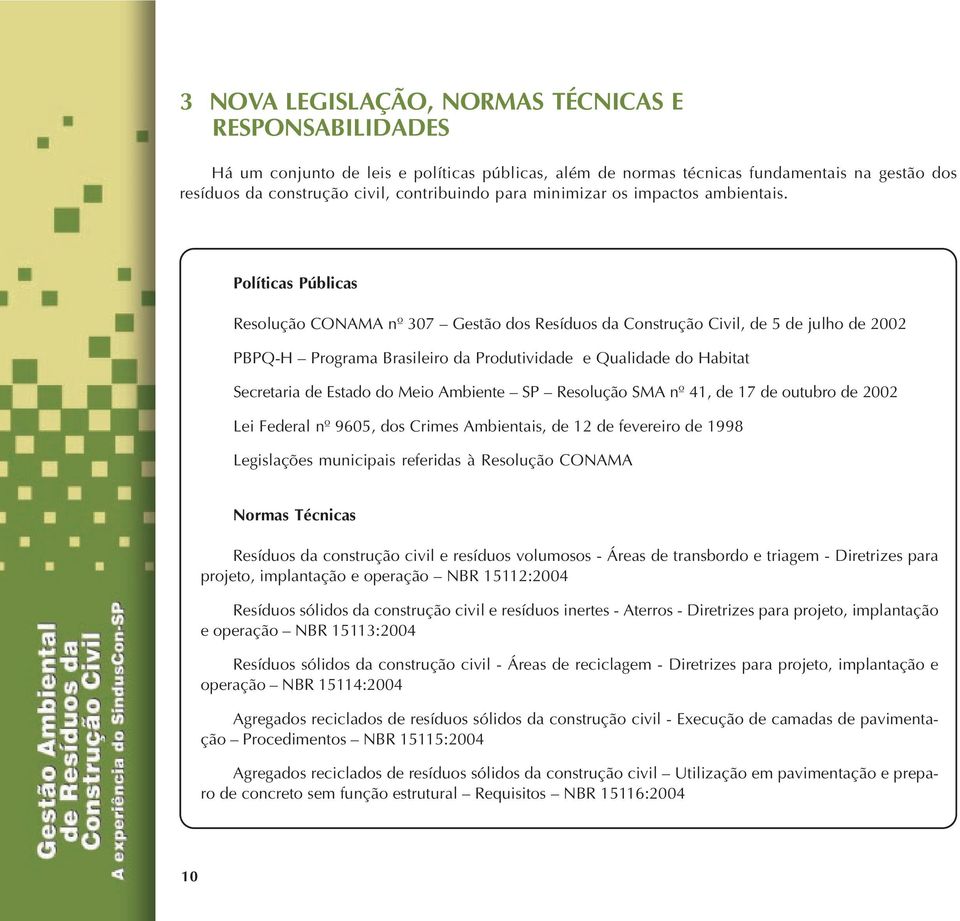 Políticas Públicas Resolução CONAMA nº 307 Gestão dos Resíduos da Construção Civil, de 5 de julho de 2002 PBPQ-H Programa Brasileiro da Produtividade e Qualidade do Habitat Secretaria de Estado do