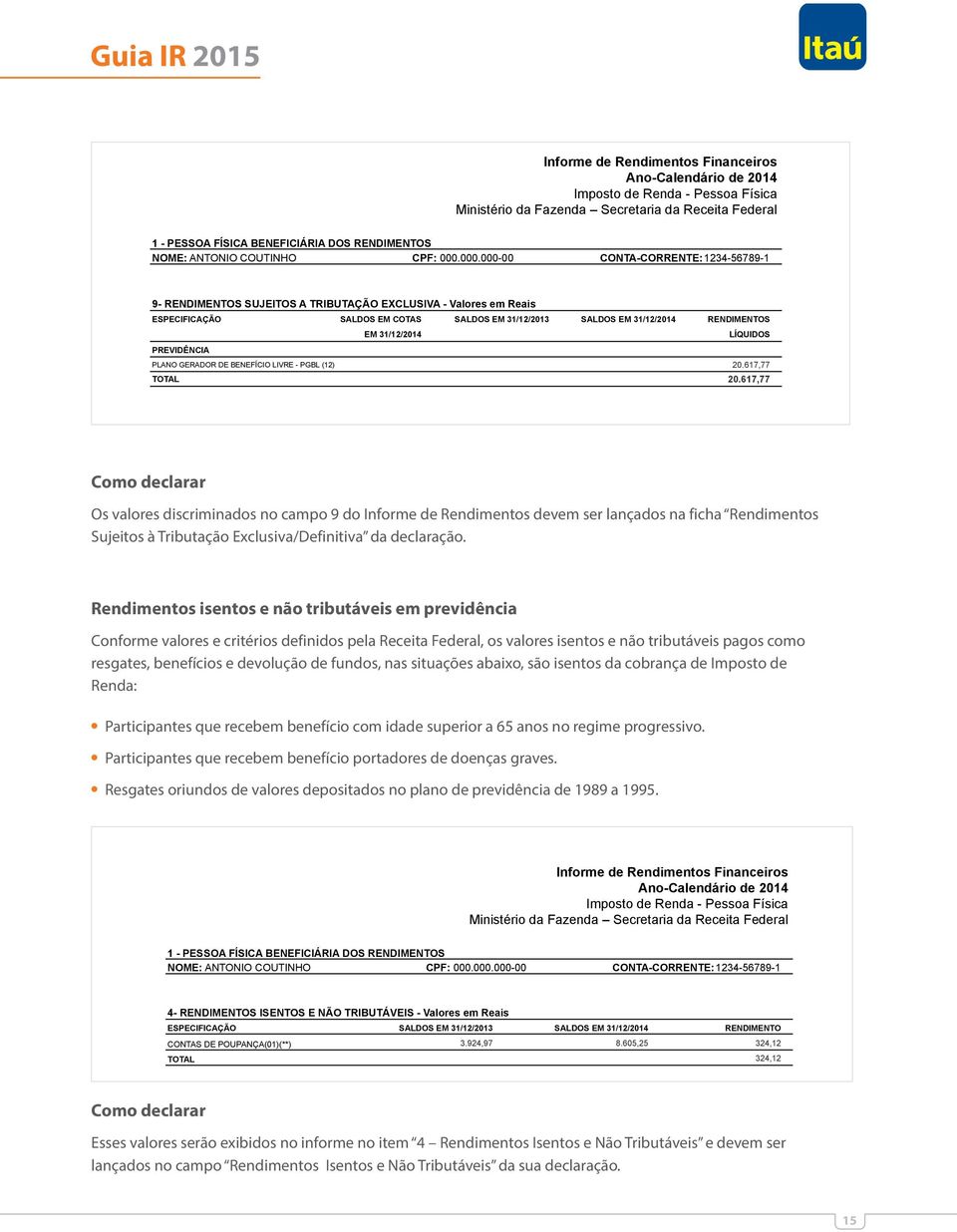 31/12/2014 LÍQUIDOS PREVIDÊNCIA PLANO GERADOR DE BENEFÍCIO LIVRE - PGBL (12) 20.617,77 TOTAL 20.