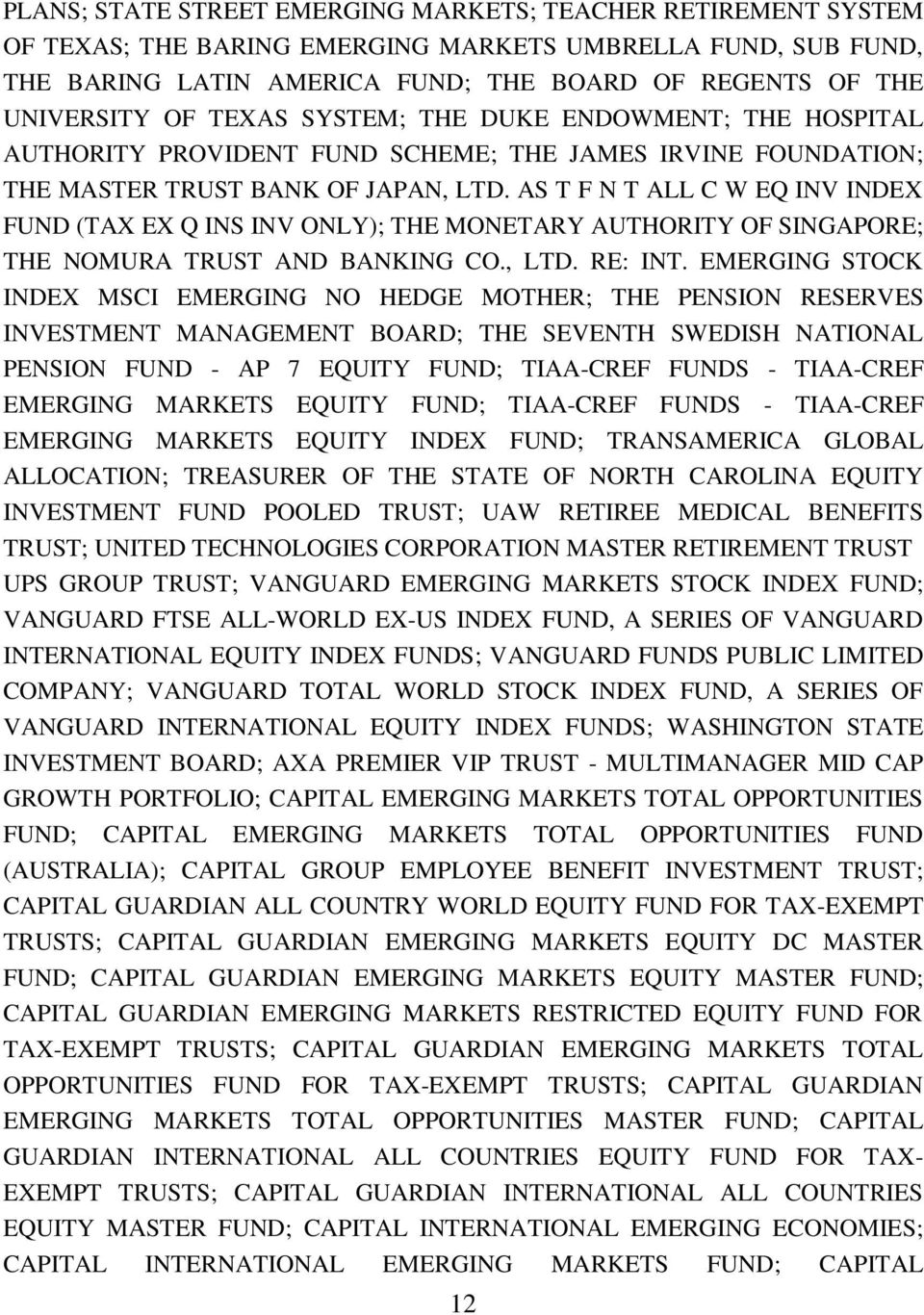 AS T F N T ALL C W EQ INV INDEX FUND (TAX EX Q INS INV ONLY); THE MONETARY AUTHORITY OF SINGAPORE; THE NOMURA TRUST AND BANKING CO., LTD. RE: INT.