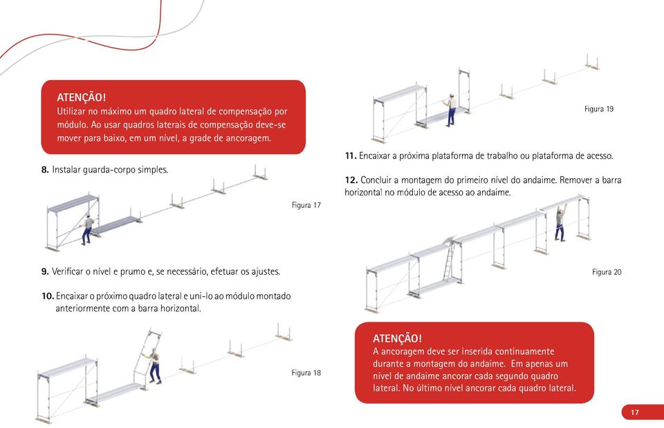 Remover a barra horizontal no módulo de acesso ao andaime. 9. Verificar o nível e prumo e, se necessário, efetuar os ajustes. Figura 20 10.