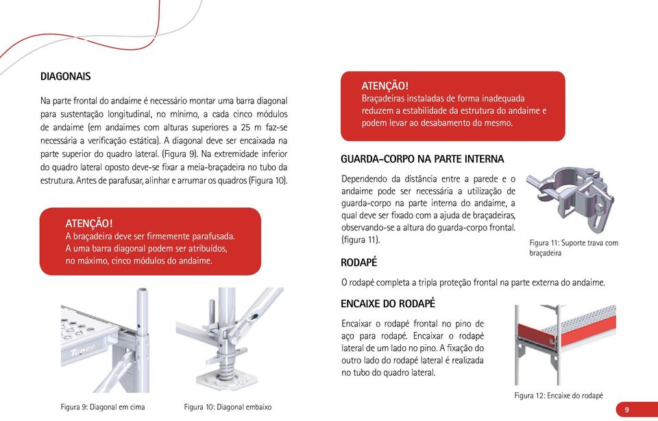 Na extremidade inferior do quadro lateral oposto deve-se fixar a meia-braçadeira no tubo da estrutura. Antes de parafusar, alinhar e arrumar os quadros (Figura 10). ATENÇÃO!