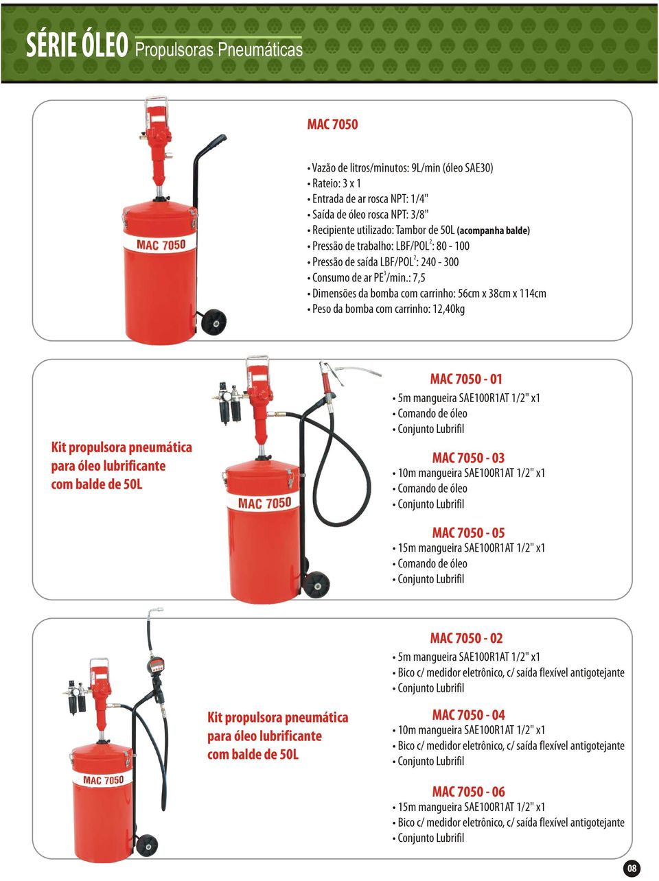 : 7,5 Dimensões da bomba com carrinho: 56cm x 38cm x 114cm Peso da bomba com carrinho: 1,40kg Kit propulsora pneumática para óleo lubrificante com balde de 50L MAC 7050-01 5m mangueira SAE100R1AT 1/"