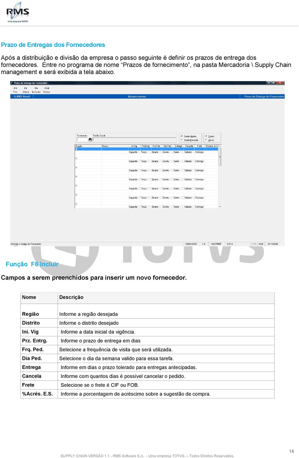Função F6 Incluir Campos a serem preenchidos para inserir um novo fornecedor. Nome Descrição Região Distrito Ini. Vig Prz. Entrg. Frq. Ped. Dia Ped. Entrega Cancela Frete %Acrés. E.S.