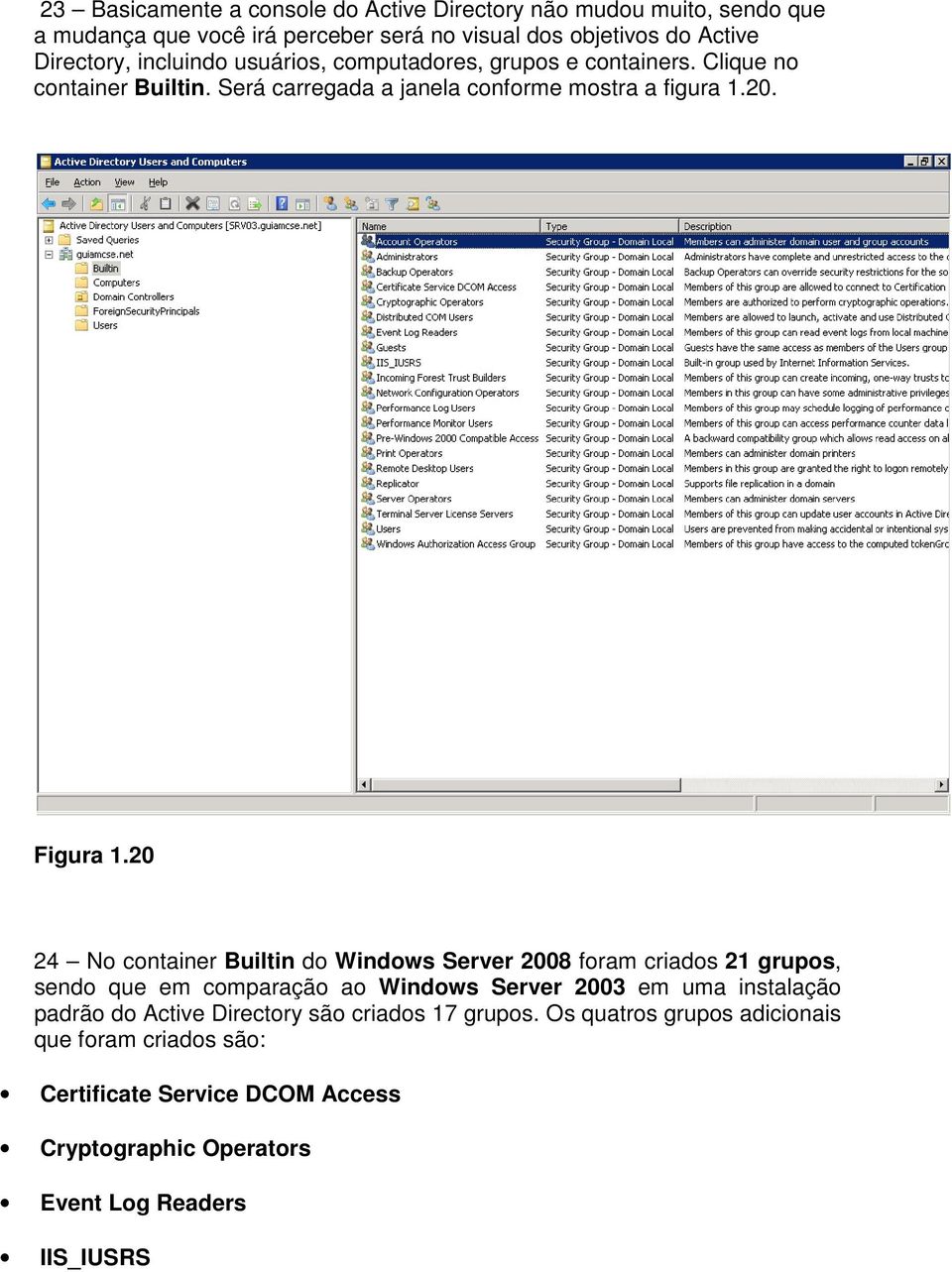 20 24 No container Builtin do Windows Server 2008 foram criados 21 grupos, sendo que em comparação ao Windows Server 2003 em uma instalação padrão do Active