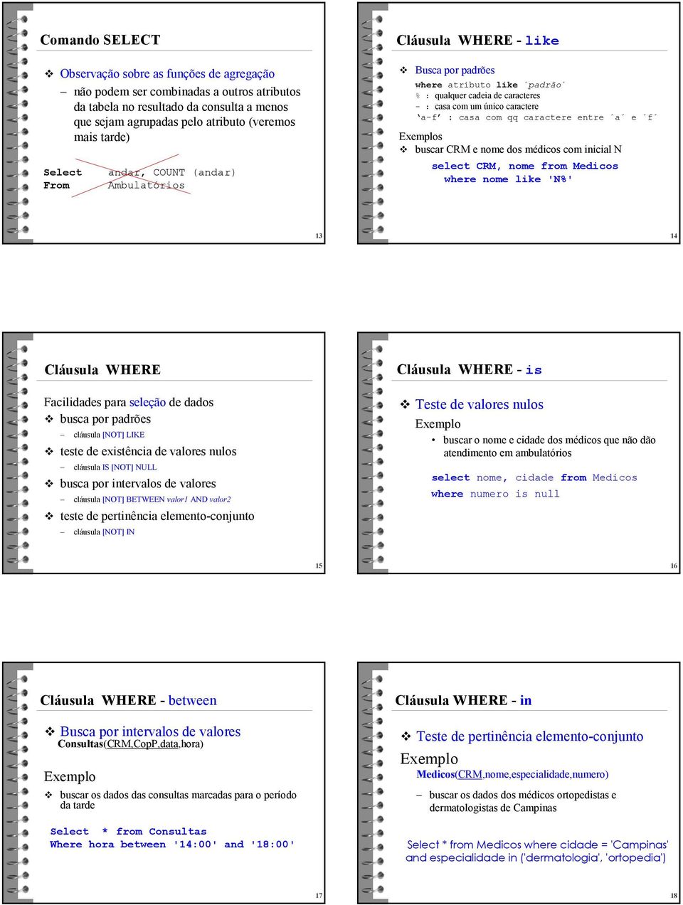 a e f s buscar CRM e nome dos médicos com inicial N select CRM, nome from Medicos where nome like 'N%' 13 14 Cláusula WHERE Facilidades para seleção de dados busca por padrões cláusula [NOT] LIKE