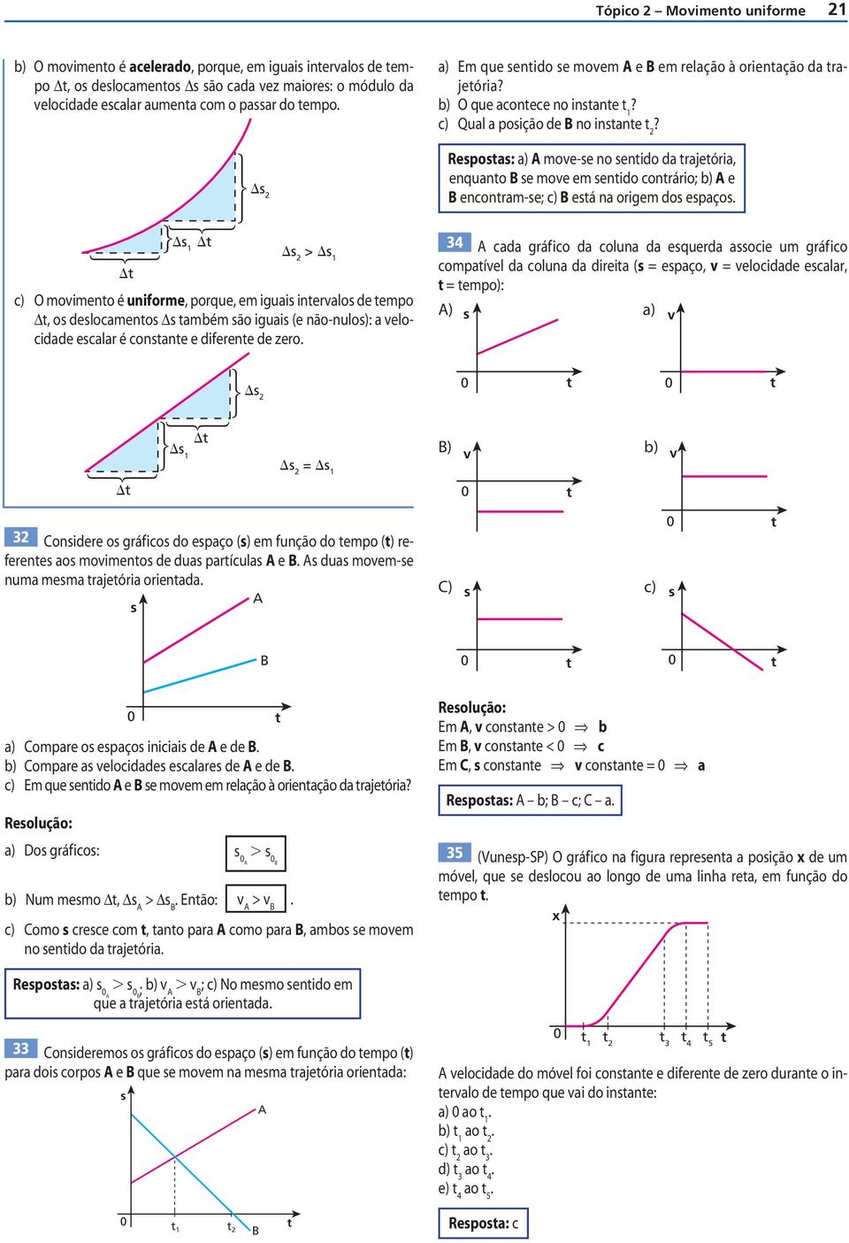 Resposas: a) moe-se no senio a rajeória, enquano se moe em senio conrário; b) e enconram-se; c) esá na origem os espaços s 1 s > s 1 c) O moimeno é uniforme, porque, em iguais ineralos e empo Δ, os