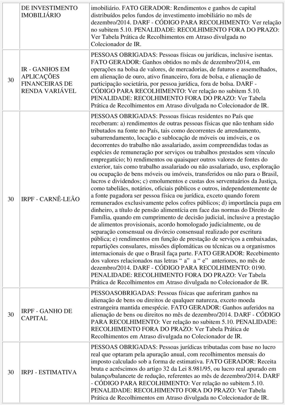 DARF - CÓDIGO PARA RECOLHIMENTO: Ver relação Ver Tabela Prática de Recolhimentos em Atraso divulgada no PESSOAS OBRIGADAS: Pessoas físicas ou jurídicas, inclusive isentas.