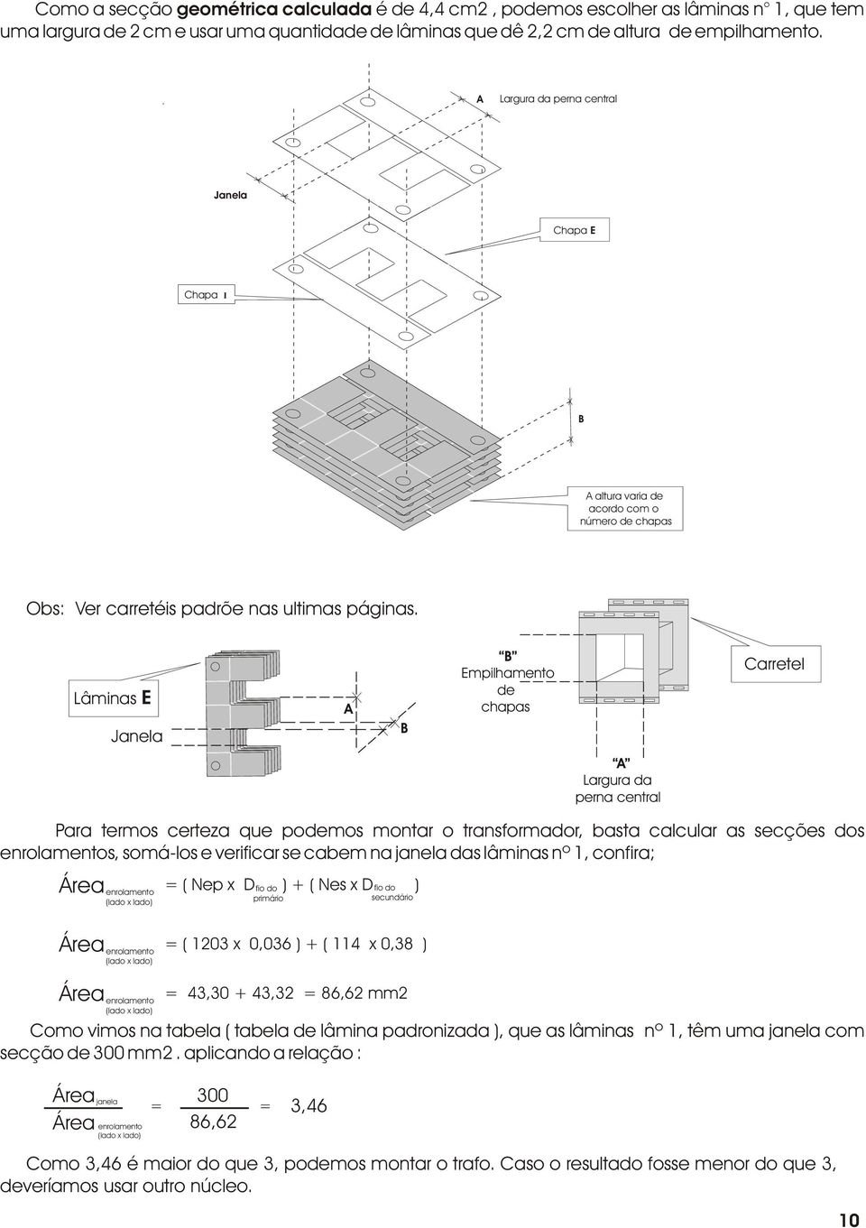 Lâminas E Janela A B B Empilhamento de chapas Carretel A Largura da perna central Para termos certeza que podemos montar o transformador, basta calcular as secções dos enrolamentos, somá-los e