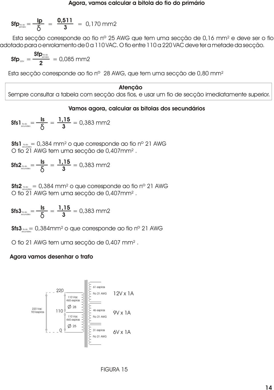 Sfp fio do primário Sfp 22V = =,85 mm2 2 Esta secção corresponde ao fio nº 28 AWG, que tem uma secção de,8 mm² Atenção Sempre consultar a tabela com secção dos fios, e usar um fio de secção