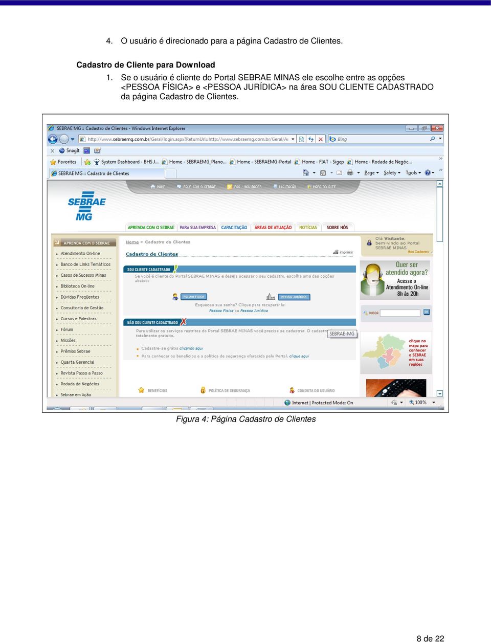 Se o usuário é cliente do Portal SEBRAE MINAS ele escolhe entre as opções