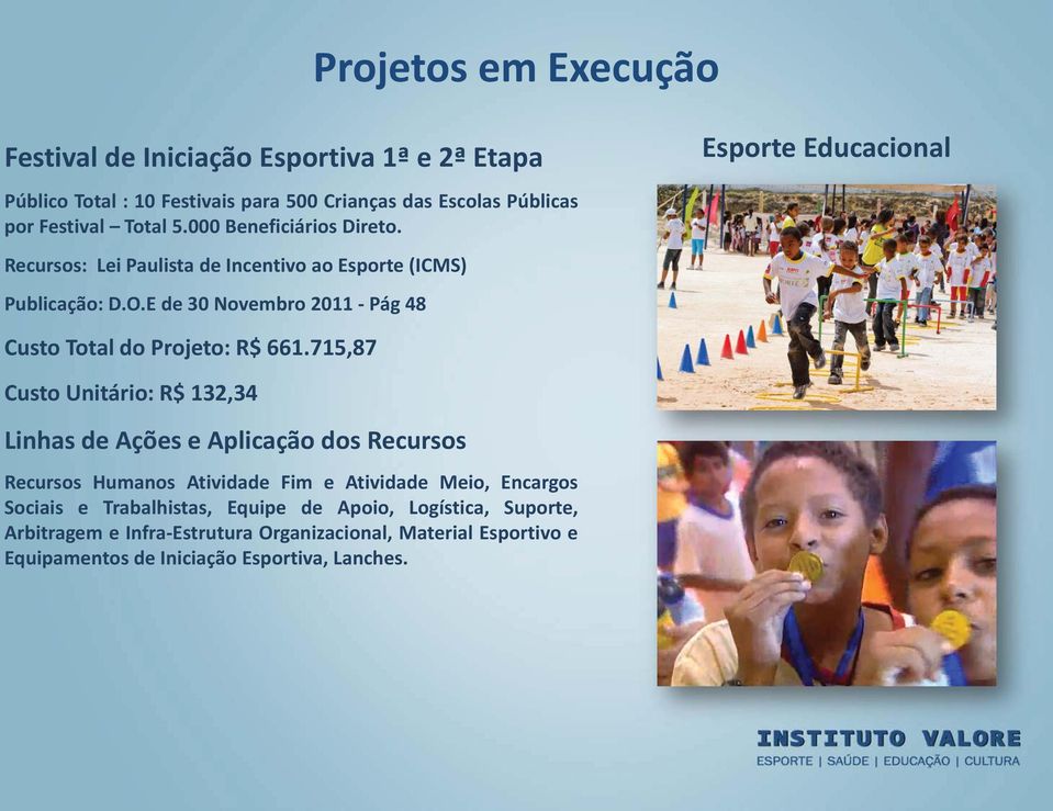 E de 30 Novembro 2011 - Pág 48 Esporte Educacional Custo Total do Projeto: R$ 661.