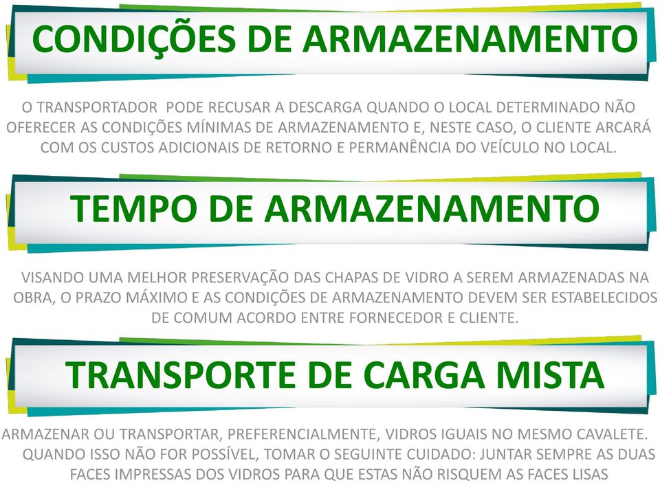 TEMPO DE ARMAZENAMENTO VISANDO UMA MELHOR PRESERVAÇÃO DAS CHAPAS DE VIDRO A SEREM ARMAZENADAS NA OBRA, O PRAZO MÁXIMO E AS CONDIÇÕES DE ARMAZENAMENTO DEVEM SER ESTABELECIDOS DE