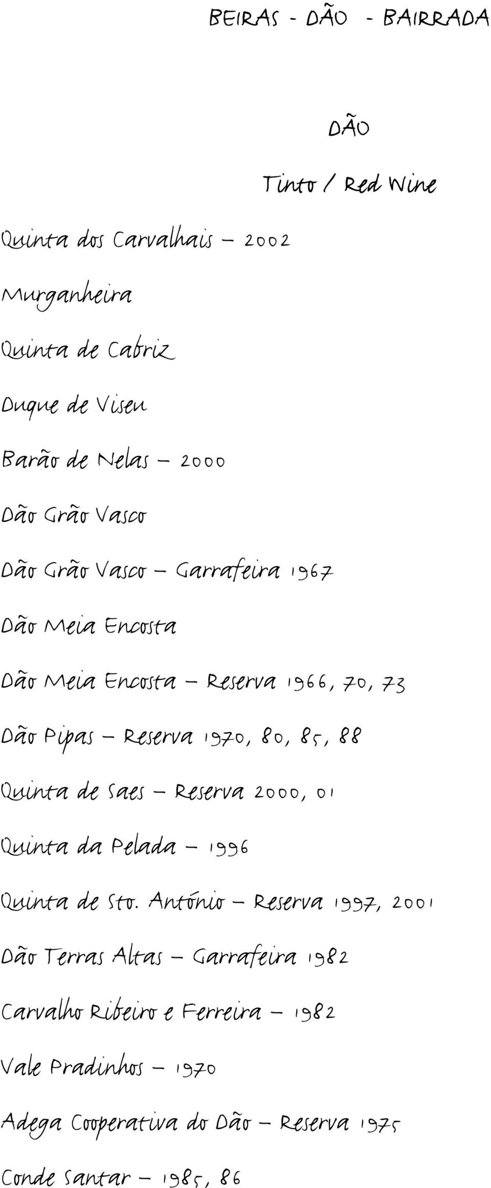 Reserva 1970, 80, 85, 88 Quinta de Saes Reserva 2000, 01 Quinta da Pelada 1996 Quinta de Sto.