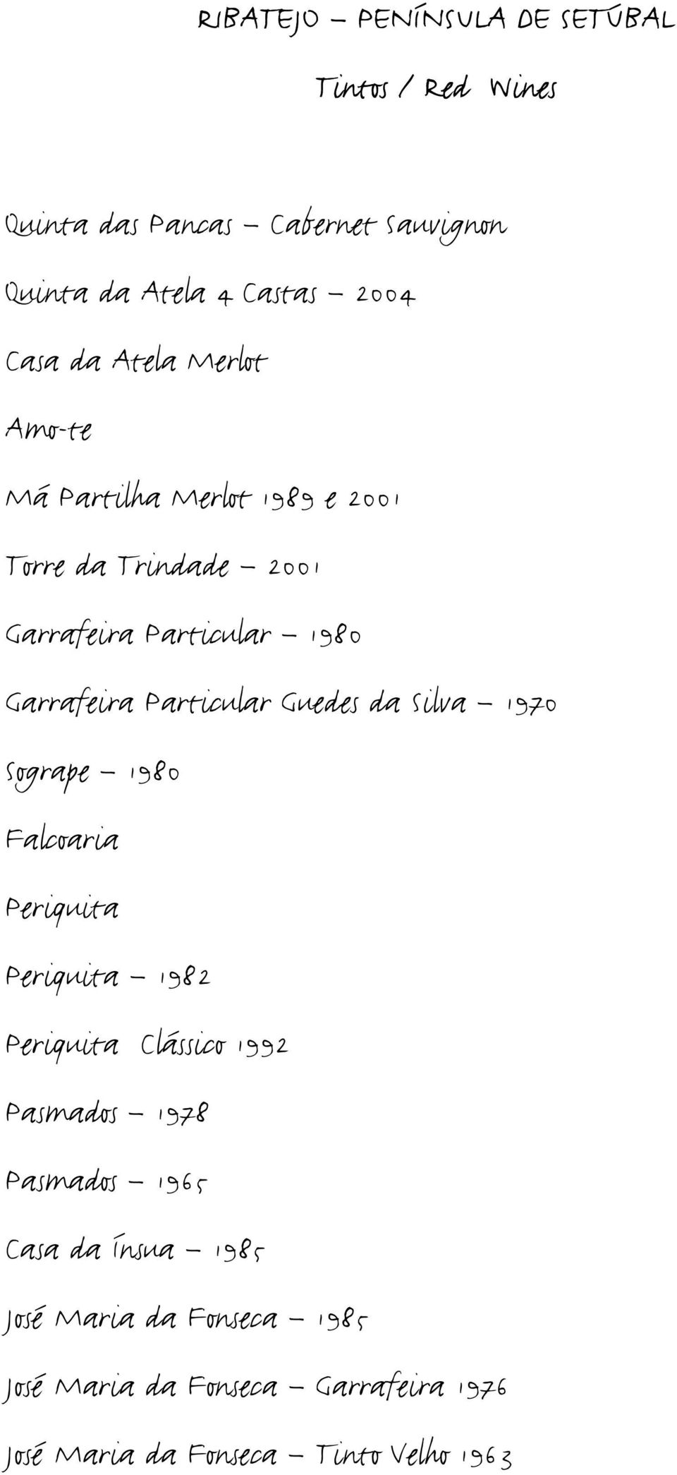 Particular Guedes da Silva 1970 Sogrape 1980 Falcoaria Periquita Periquita 1982 Periquita Clássico 1992 Pasmados 1978