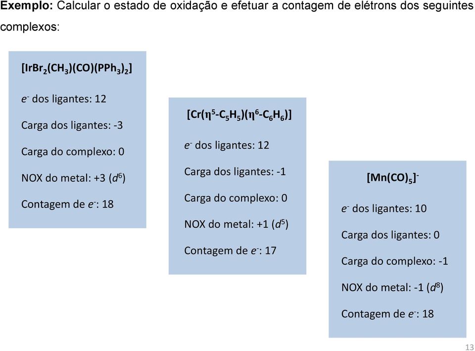 5 )(η 6 -C 6 H 6 )] e - dos ligantes: 12 Carga dos ligantes: -1 Carga do complexo: 0 NOX do metal: +1 (d 5 ) Contagem de e - :