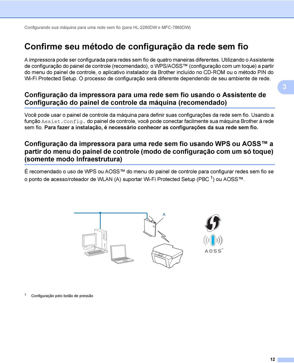 Utilizando o Assistente de configuração do painel de controle (recomendado), o WPS/AOSS (configuração com um toque) a partir do menu do painel de controle, o aplicativo instalador da Brother incluído