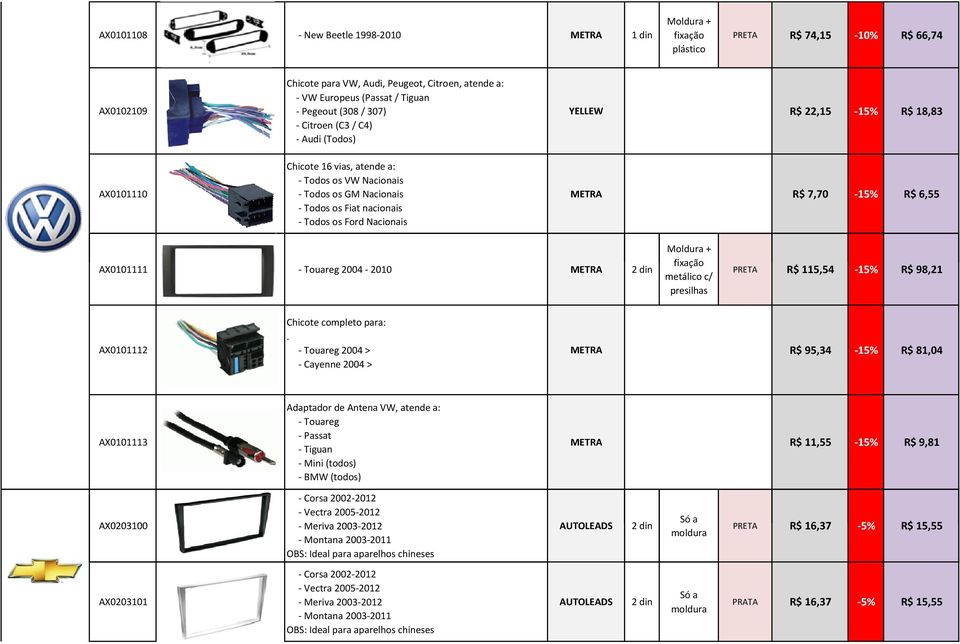 6,55 AX0101111 - Touareg 2004-2010 METRA metálico c/ presilhas PRETA R$ 115,54-15% R$ 98,21 AX0101112 Chicote completo para:.