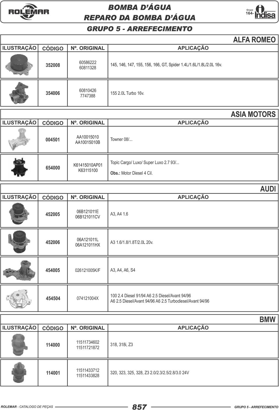 0L 20v. 454005 026121005K/F A3, A4, A6, S4 454504 074121004X 100 2.4 Diesel 91/94 A6 2.5 Diesel/Avant 94/96 A6 2.