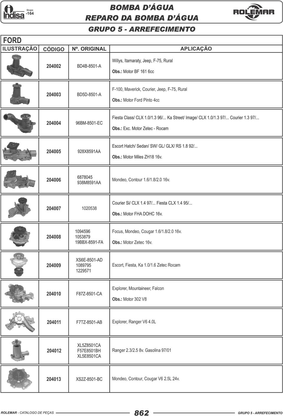 204007 1020538 204008 Focus, Mondeo, Cougar 1.6/1.8/2.0 16v. Obs.: Motor Zetec 16v. 204009 Escort, Fiesta, Ka 1.