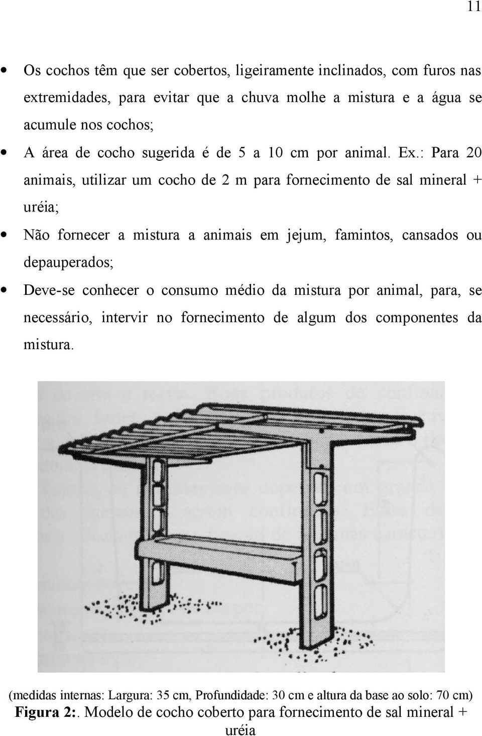 : Para 20 animais, utilizar um cocho de 2 m para fornecimento de sal mineral + uréia; Não fornecer a mistura a animais em jejum, famintos, cansados ou depauperados;