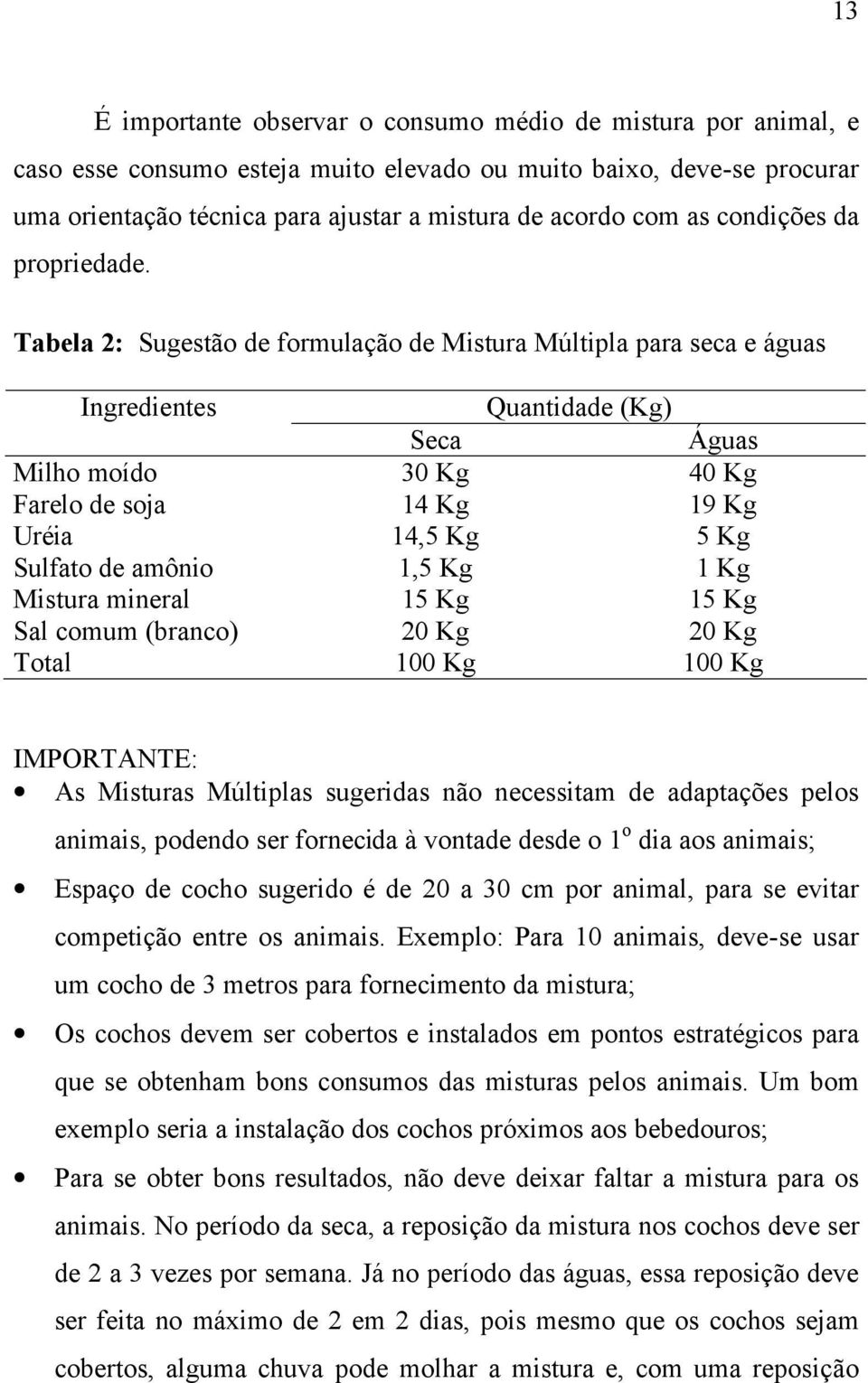 Tabela 2: Sugestão de formulação de Mistura Múltipla para seca e águas Ingredientes Quantidade (Kg) Seca Águas Milho moído 30 Kg 40 Kg Farelo de soja 14 Kg 19 Kg Uréia 14,5 Kg 5 Kg Sulfato de amônio