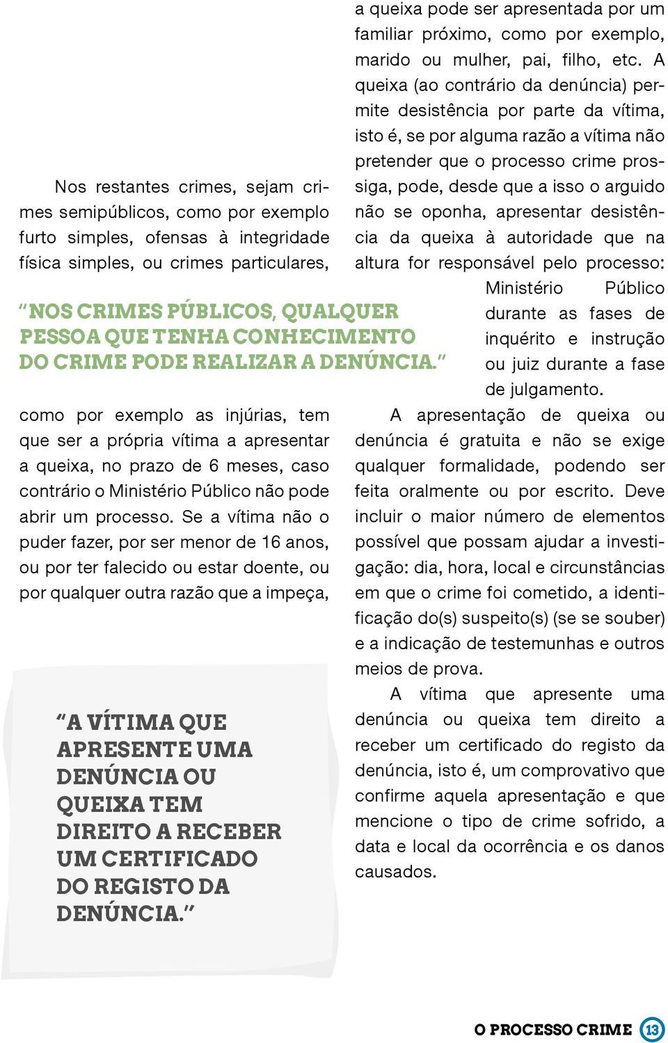 como por exemplo as injúrias, tem que ser a própria vítima a apresentar a queixa, no prazo de 6 meses, caso contrário o Ministério Público não pode abrir um processo.