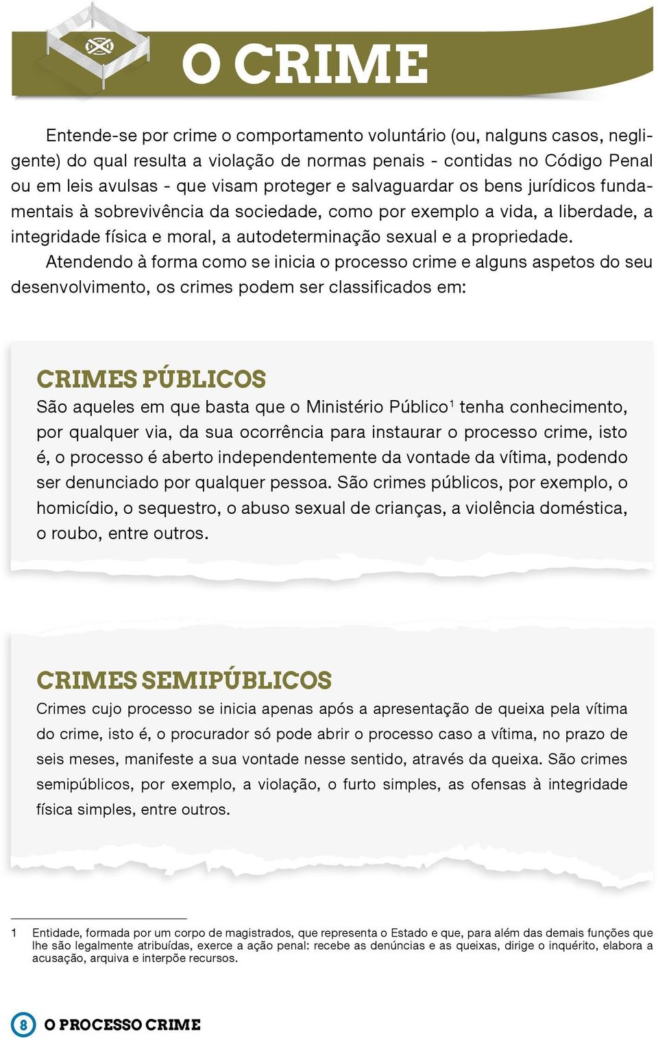 Atendendo à forma como se inicia o processo crime e alguns aspetos do seu desenvolvimento, os crimes podem ser classificados em: CRIMES PÚBLICOS São aqueles em que basta que o Ministério Público 1