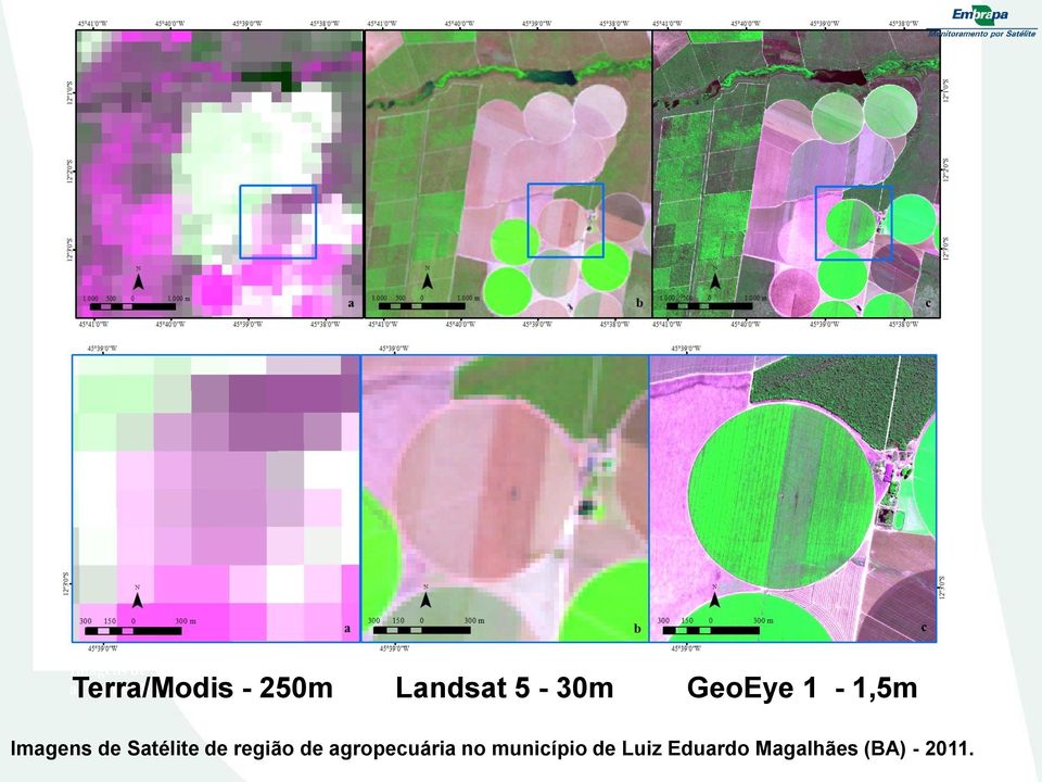 a) Terra/Modis - 250m; b) Landsat 5-30m; c) GeoEye-1-1,5m.