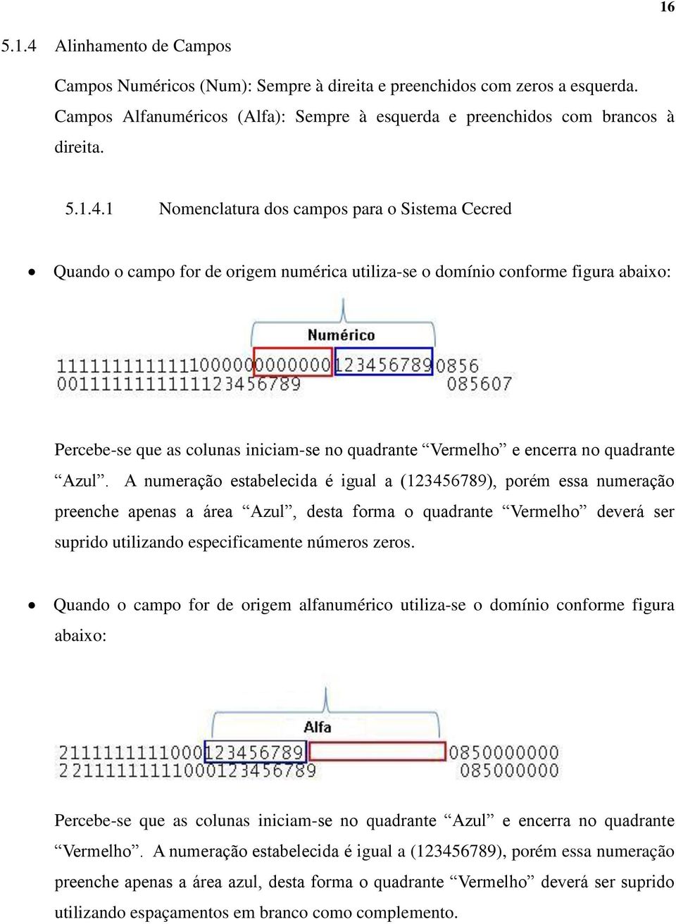1 Nomenclatura dos campos para o Sistema Cecred Quando o campo for de origem numérica utiliza-se o domínio conforme figura abaixo: Percebe-se que as colunas iniciam-se no quadrante Vermelho e encerra