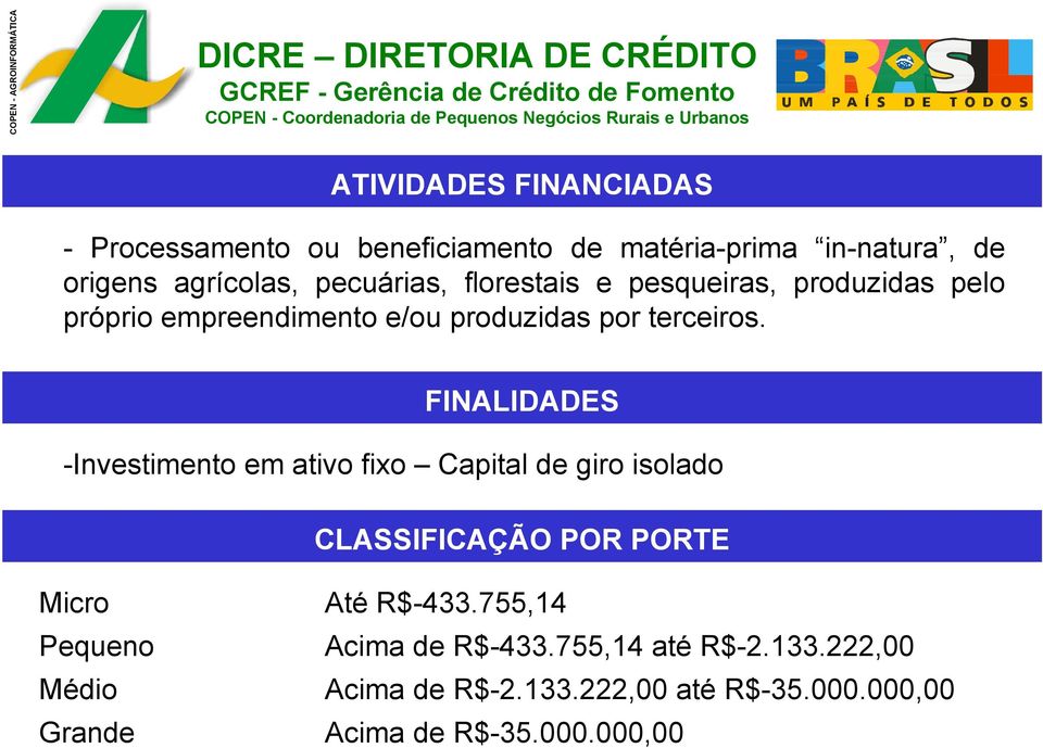 FINALIDADES -Investimento em ativo fixo Capital de giro isolado CLASSIFICAÇÃO POR PORTE Micro Pequeno Médio Grande