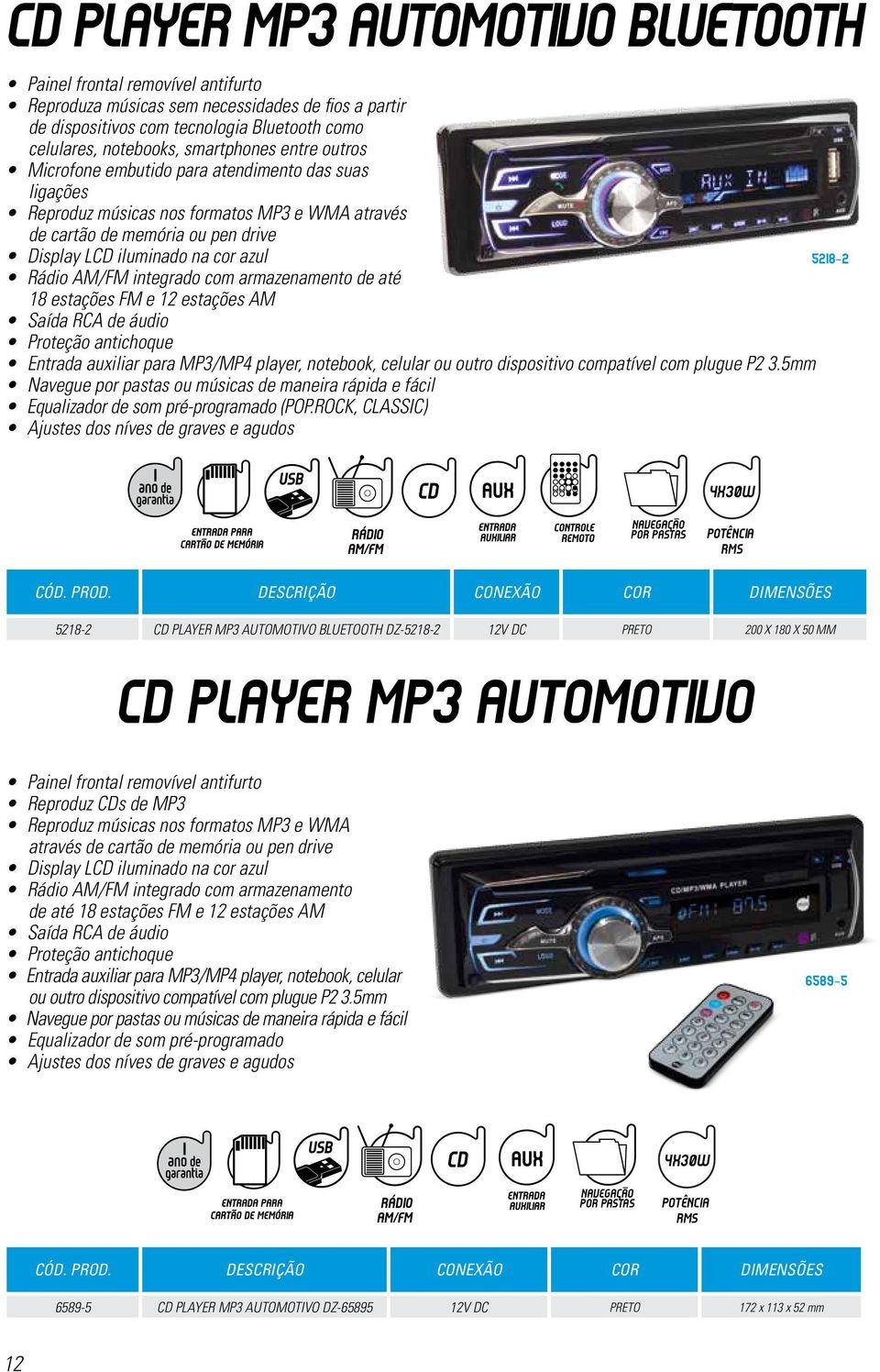 Rádio AM/FM integrado com armazenamento de até 18 estações FM e 12 estações AM Saída RCA de áudio Proteção antichoque Entrada auxiliar para MP3/MP4 player, notebook, celular ou outro dispositivo