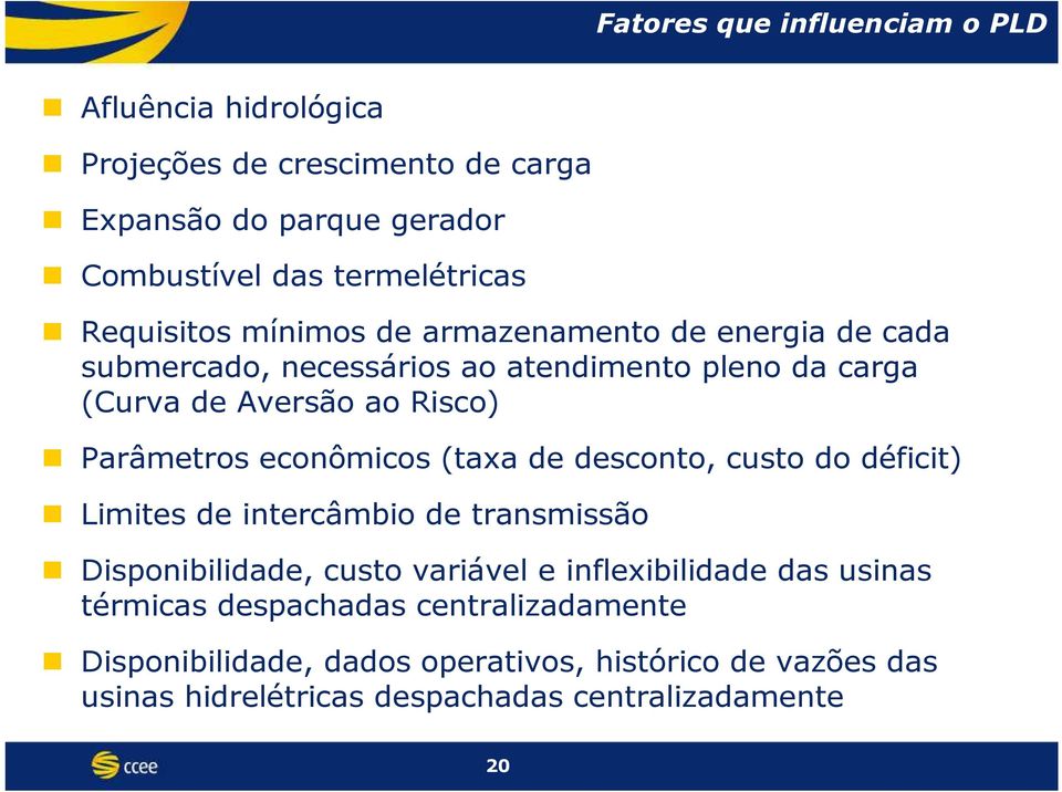 econômicos (taxa de desconto, custo do déficit) Limites de intercâmbio de transmissão Disponibilidade, custo variável e inflexibilidade das usinas