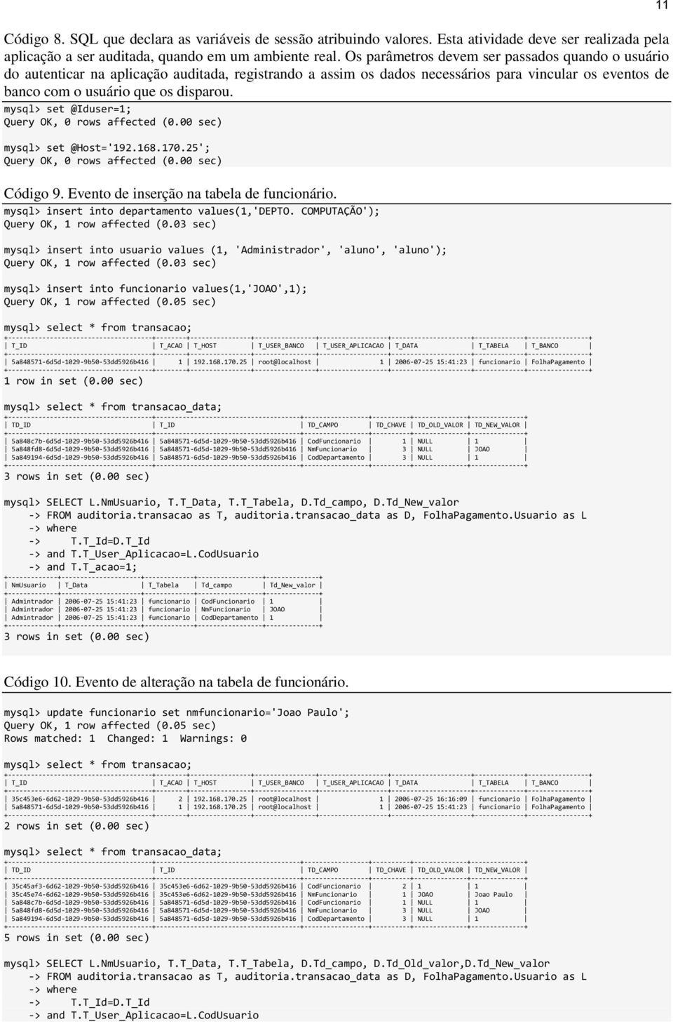 mysql> set @Iduser=1; Query OK, 0 rows affected (0.00 sec mysql> set @Host='192.168.170.25'; Query OK, 0 rows affected (0.00 sec Código 9. Evento de inserção na tabela de funcionário.