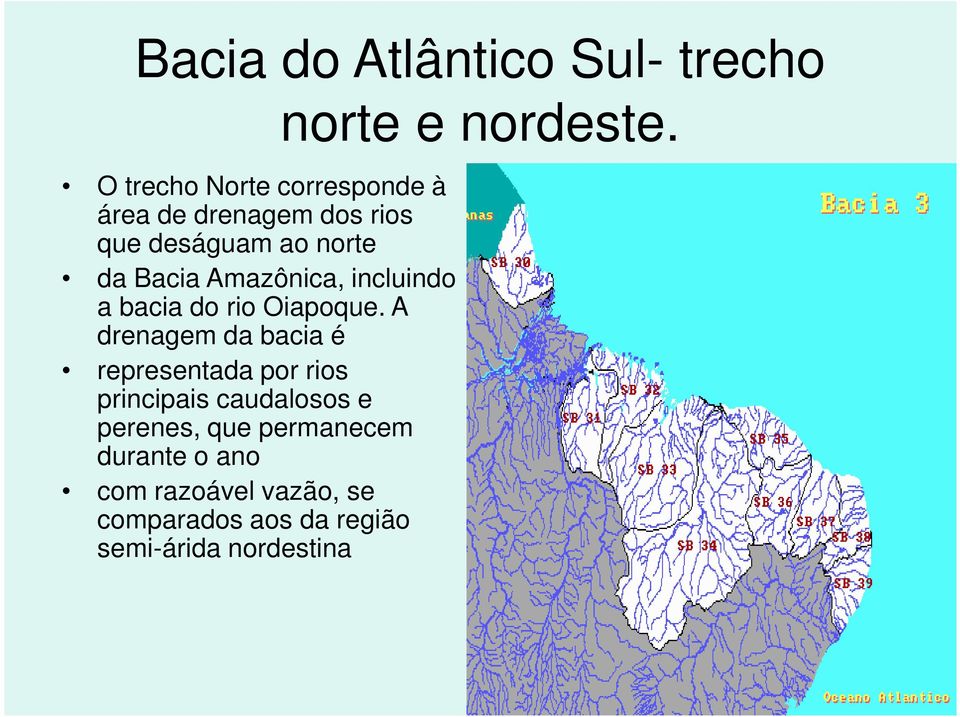 A drenagem da bacia é representada por rios principais caudalosos e perenes, que