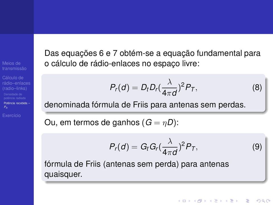 fórmula de Friis para antenas sem perdas.