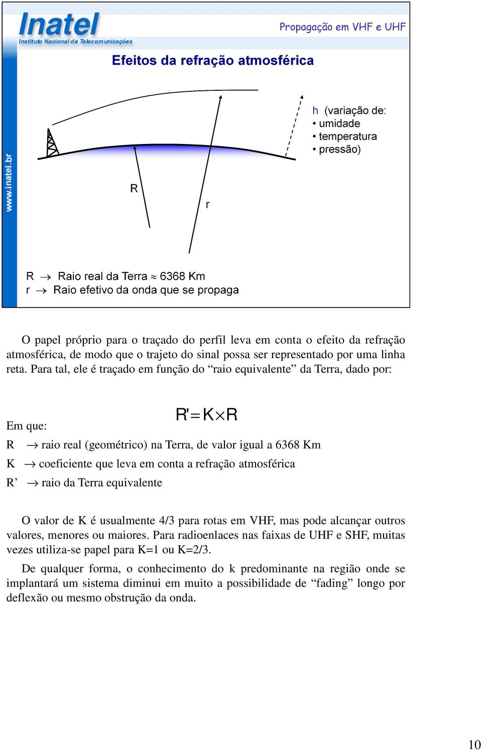 atmosférica R raio da Terra equivalente O valor de K é usualmente 4/3 para rotas em VHF, mas pode alcançar outros valores, menores ou maiores.