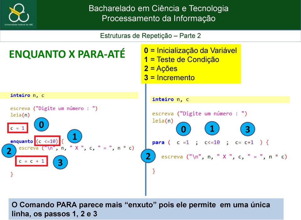 3 1 2 0 1 3 O Comando PARA parece mais enxuto pois