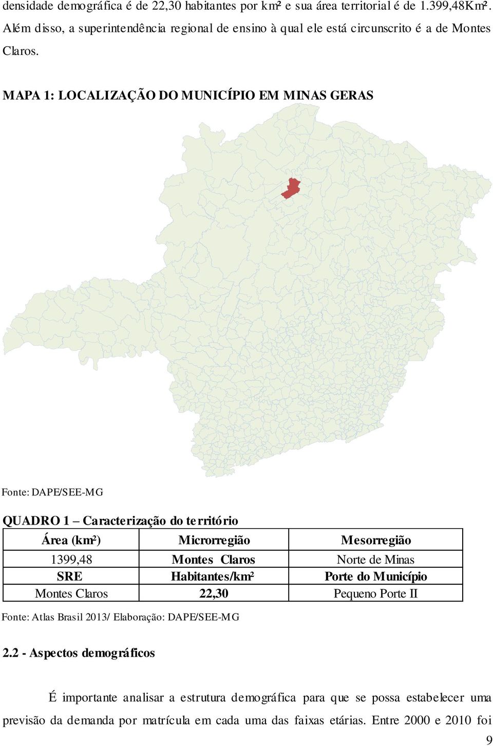 MAPA 1: LOCALIZAÇÃO DO MUNICÍPIO EM MINAS GERAS Fonte: DAPE/SEE-MG QUADRO 1 Caracterização do território Área (km²) Microrregião Mesorregião 1399,48 Montes Claros Norte de