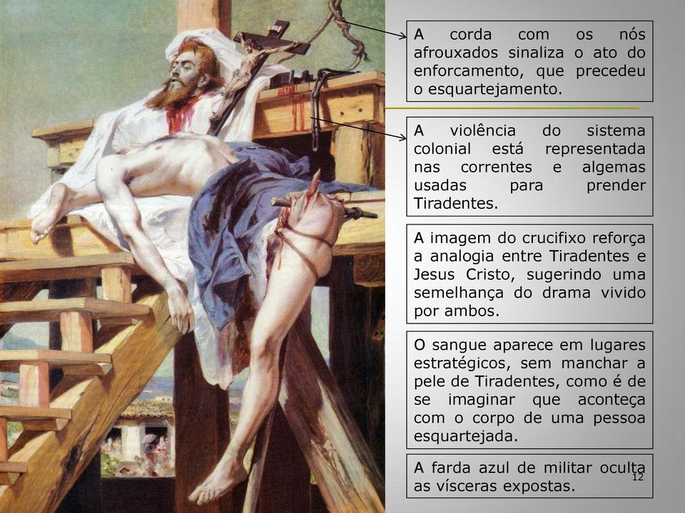 A imagem do crucifixo reforça a analogia entre Tiradentes e Jesus Cristo, sugerindo uma semelhança do drama vivido por ambos.