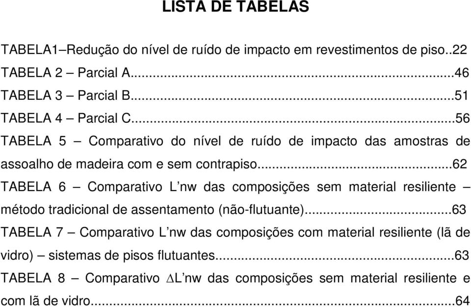 ..62 TABELA 6 Comparativo L nw das composições sem material resiliente método tradicional de assentamento (não-flutuante).